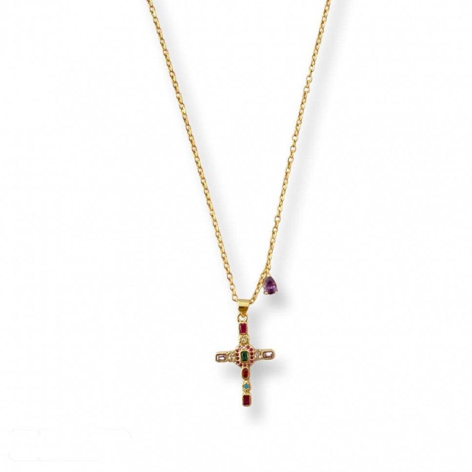 COLLAR DORADO CON CRUZ DE COLORES