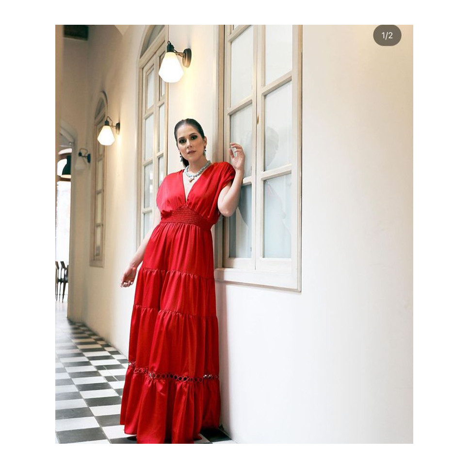 Vestido plisado de falda doble con tirantes y lazo Rojo